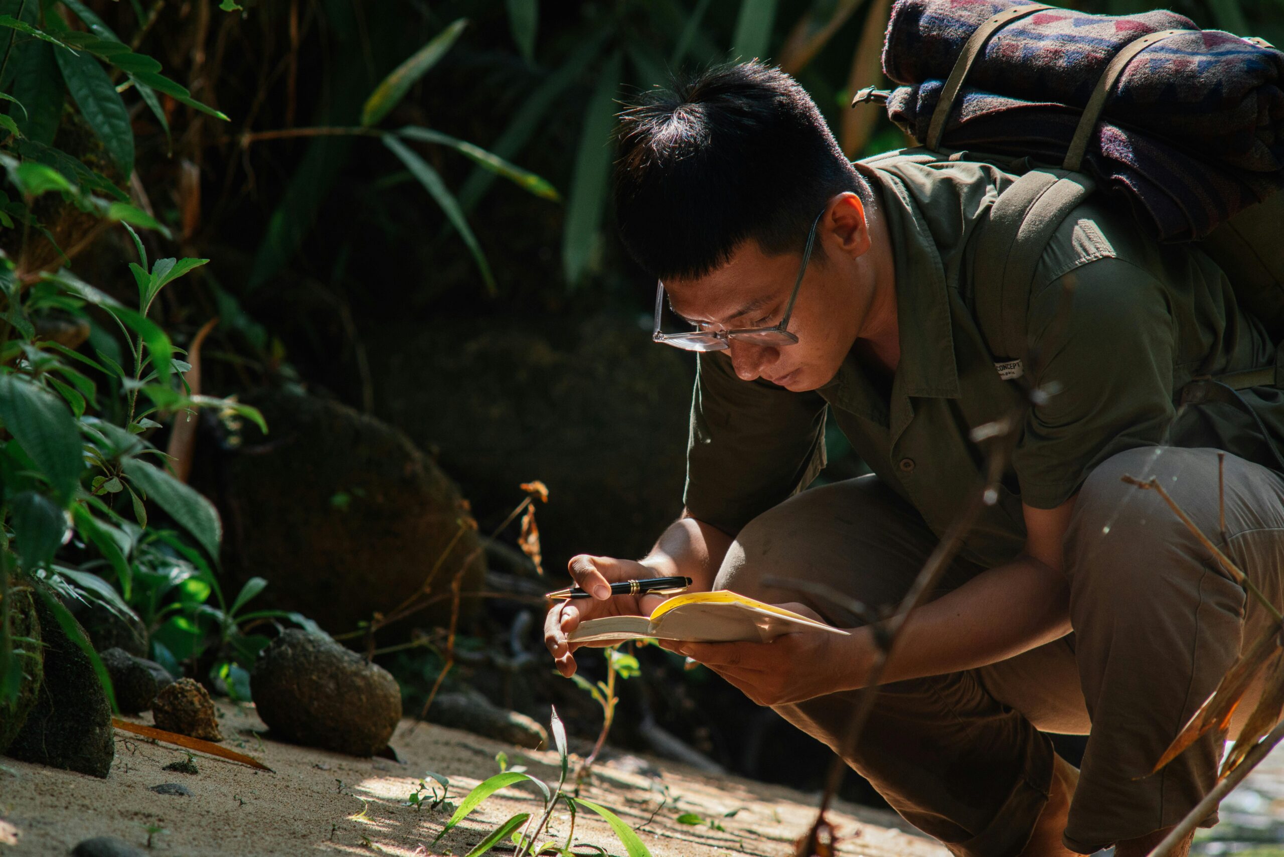 Un chercheur naturaliste prend des notes